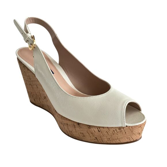 Stuart Weitzman Beige Leather Rinna Wedge Peep-toe Sling Back Sandals 8.5 - Picture 1 of 12